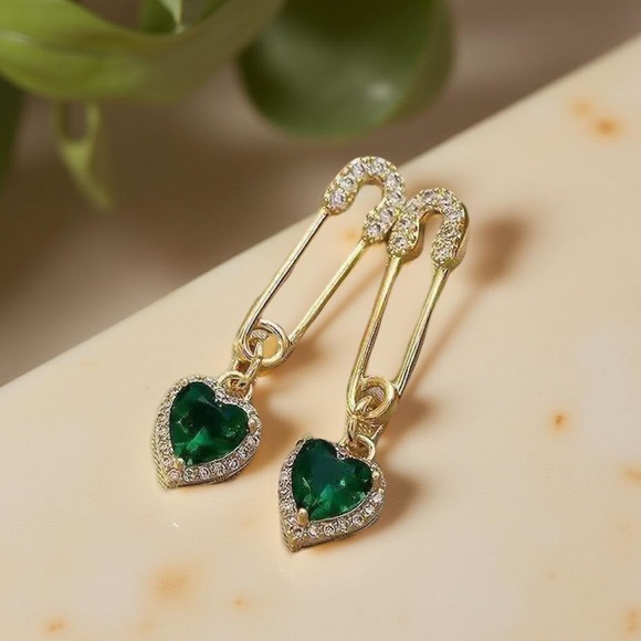 Green Heart w/ Rhinestones Dangle Earrings - Picture 1 of 5
